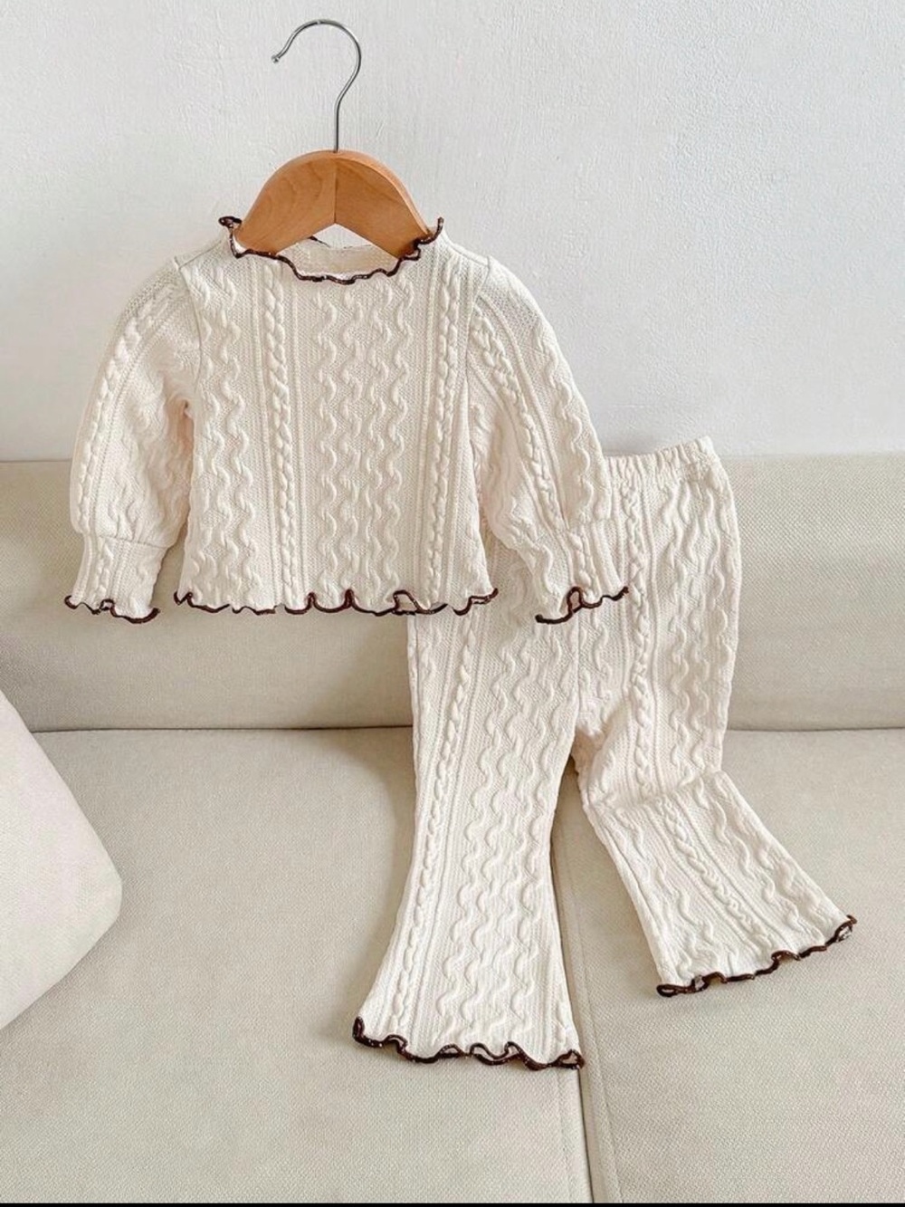 Cream Cable Knit Sweater Set with Brown Trim